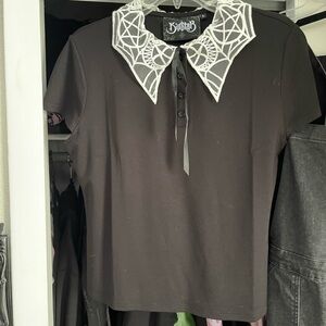 Killstar Gothic Black Top with White Lace Collar